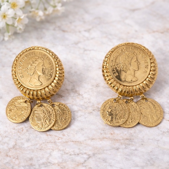 Vintage Gold Coin Statement Earrings – Post Back Dangle Medallion Earrings - Picture 2 of 4